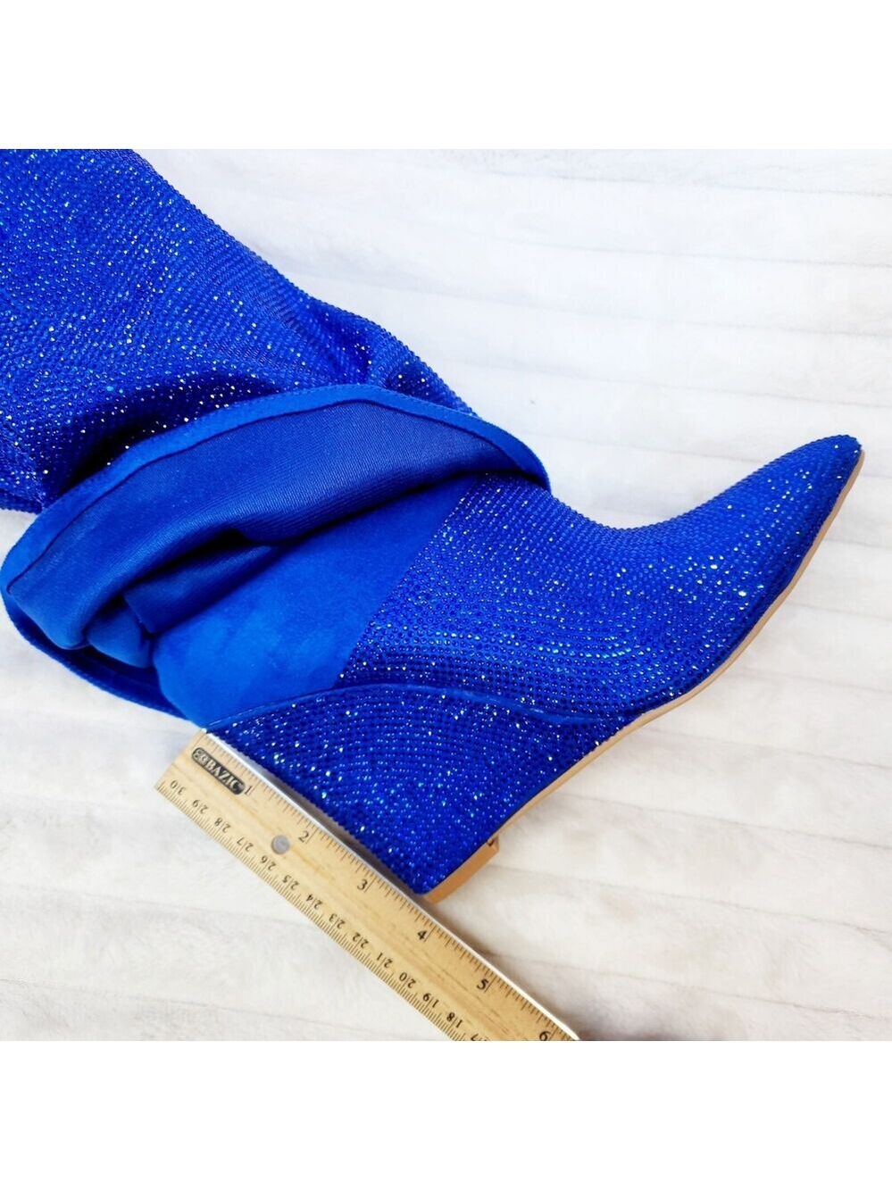 NIB Super Sparkle Sharky Skirted Fold Over Wedge Heel Knee Boots Royal Blue - Picture 11 of 15